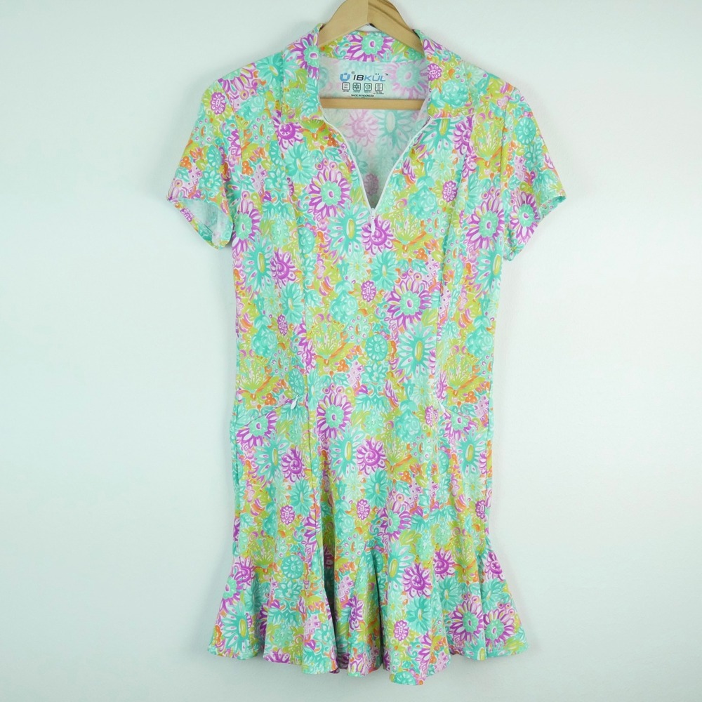 IBKUL Lilli Print Godet Golf Dress Floral Tennis Pickleball UPF 50+ Small Preppy